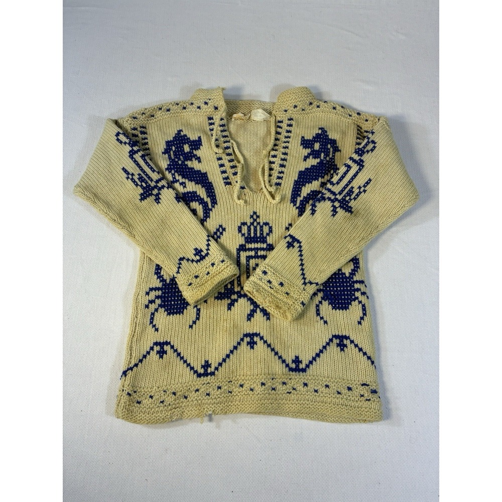 Vintage Marsh Landing Portugal Wool Hand Knit Nautical‎ Sweater Seahorse Crab
